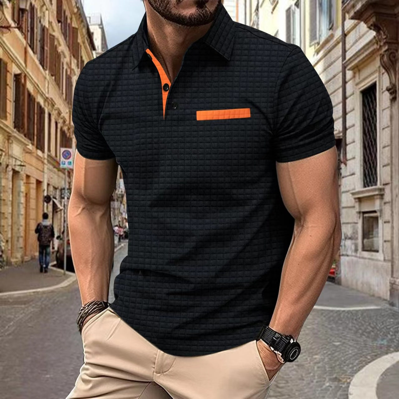 Knopf-Jacquard-kariertes Herren-Sport-Poloshirt