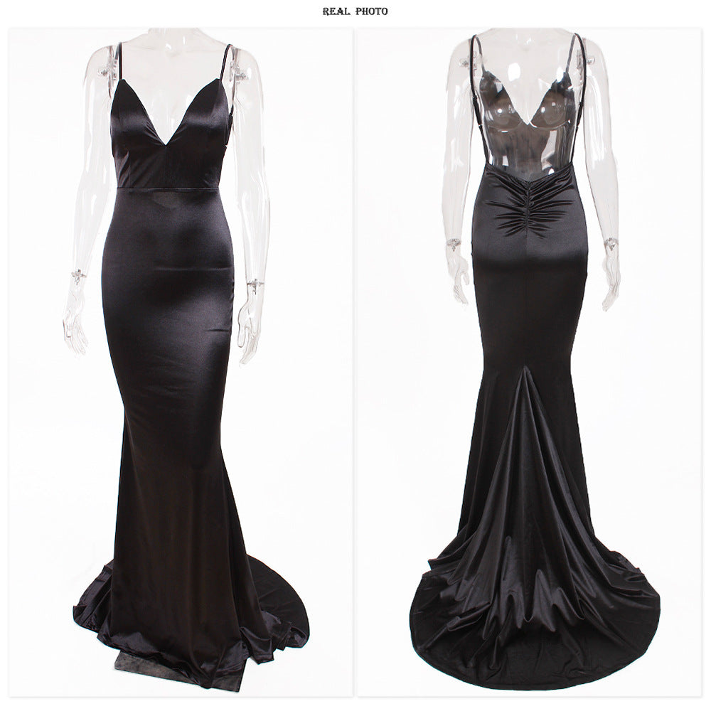 New Backless Satin Evening Dress Strap V-neck Trailing Formal Swing Dress Long Dress