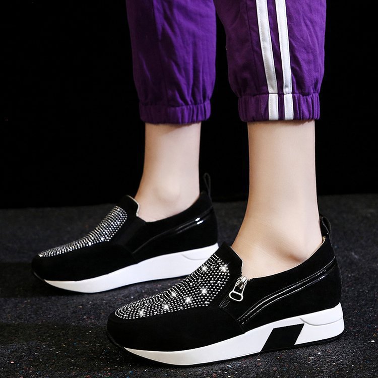 Flat Round Head Rhinestone Thick Bottom Side Zipper Thin Shoes