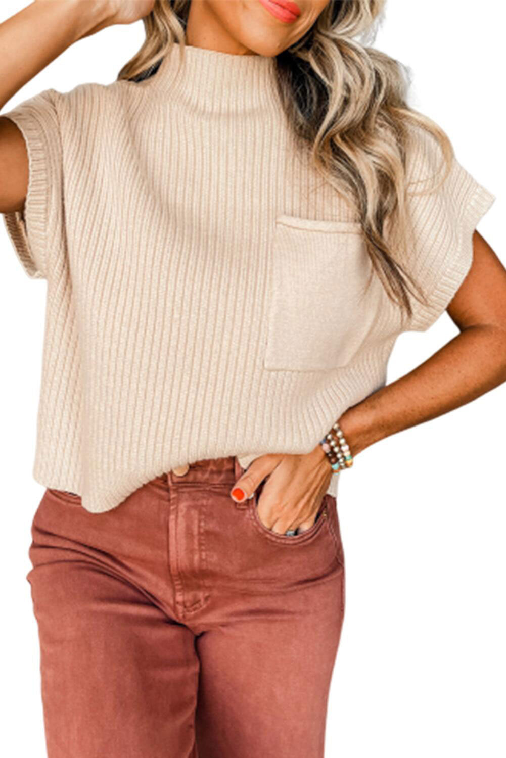 Short Sleeve Half Turtleneck Pullover Leisure Sweater For Women