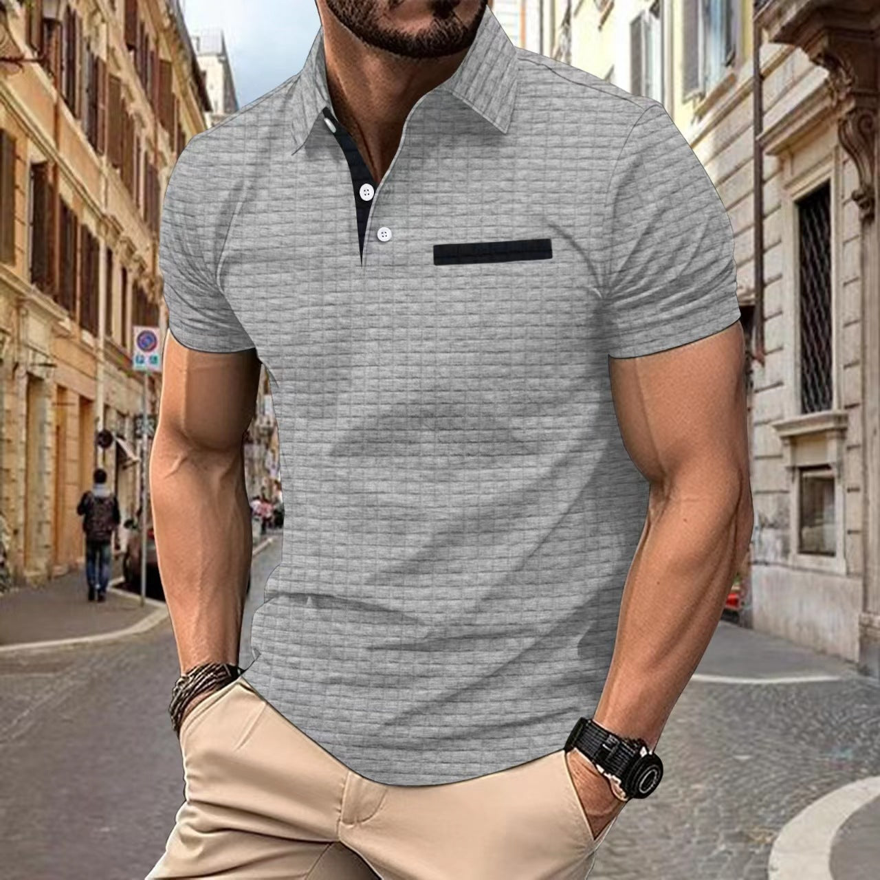 Knopf-Jacquard-kariertes Herren-Sport-Poloshirt