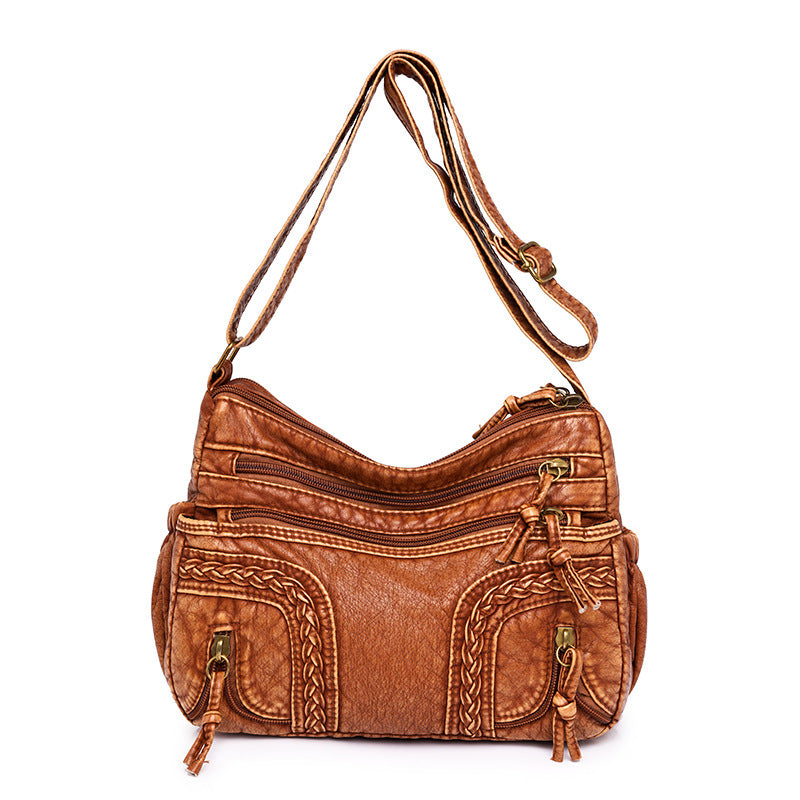 Women's Retro Fashionable Washed Leather Woven Shoulder Messenger Bag