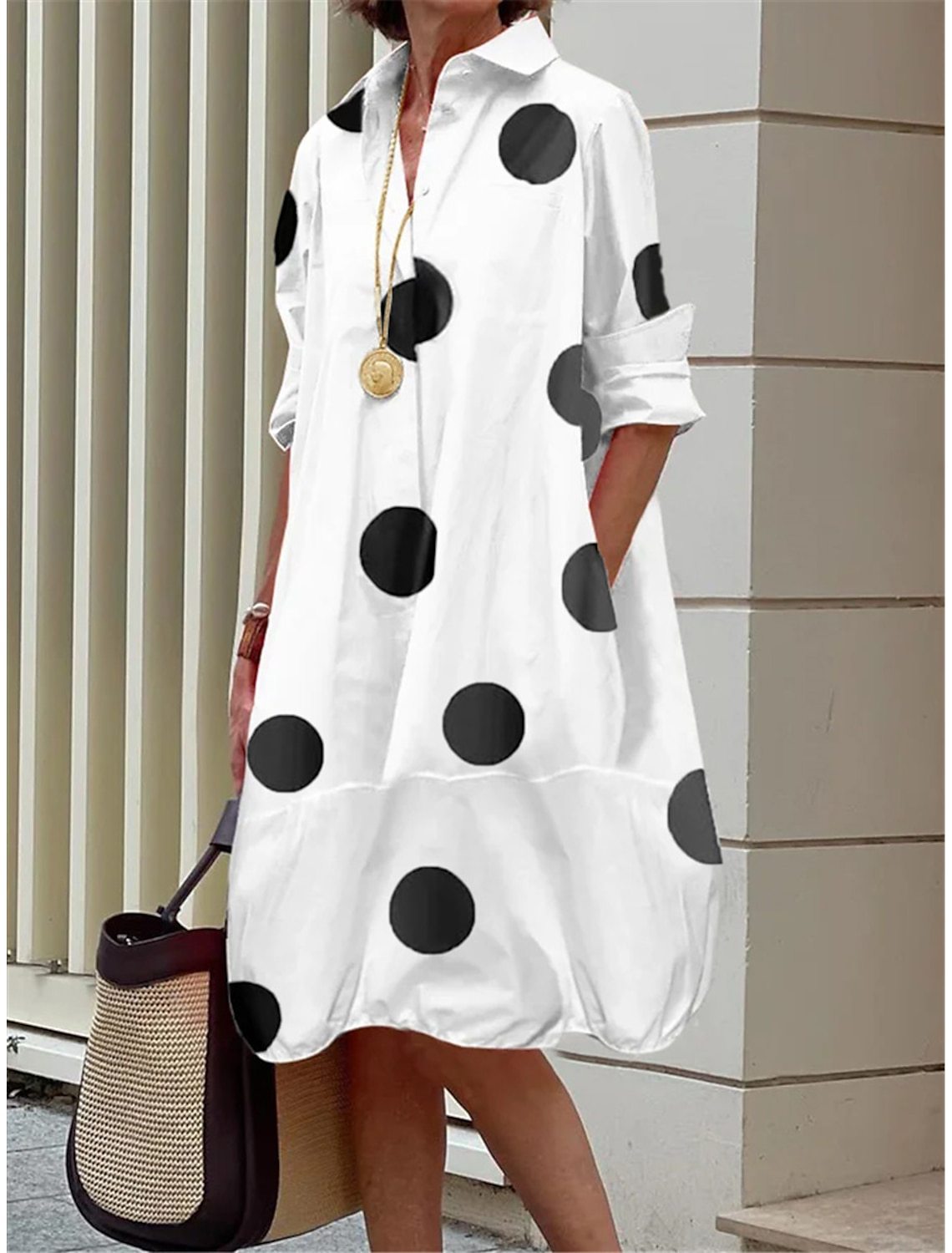 Black And White Blooming 3D Digital Printing Long-sleeved Shirt Dress