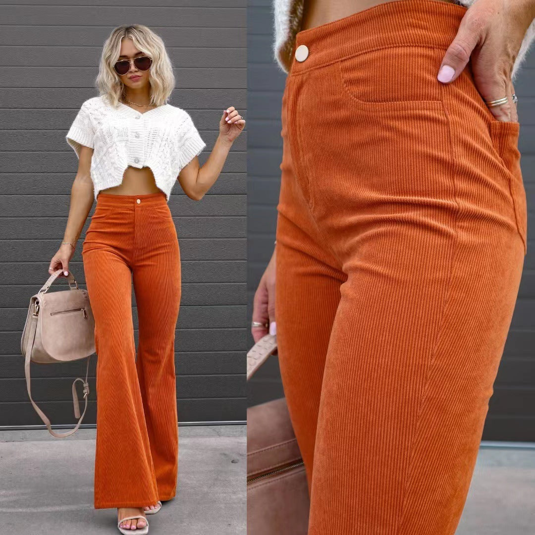 Solid Color Mid-waist Slim-fit Micro Flared Pants Corduroy Product information: Color: Orange, khaki, Brown, wine red, black, blue, gray, dark khaki, Green Elasticity: Micro elasticity Pants length: trousers Waist Type: Mid waist Size: S,M,L,XL,XXL,XXXL S