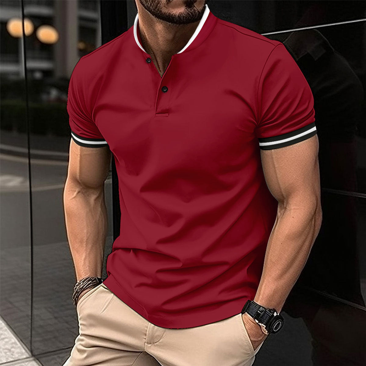 Camiseta deportiva de manga corta con bolsillo y botones para hombre