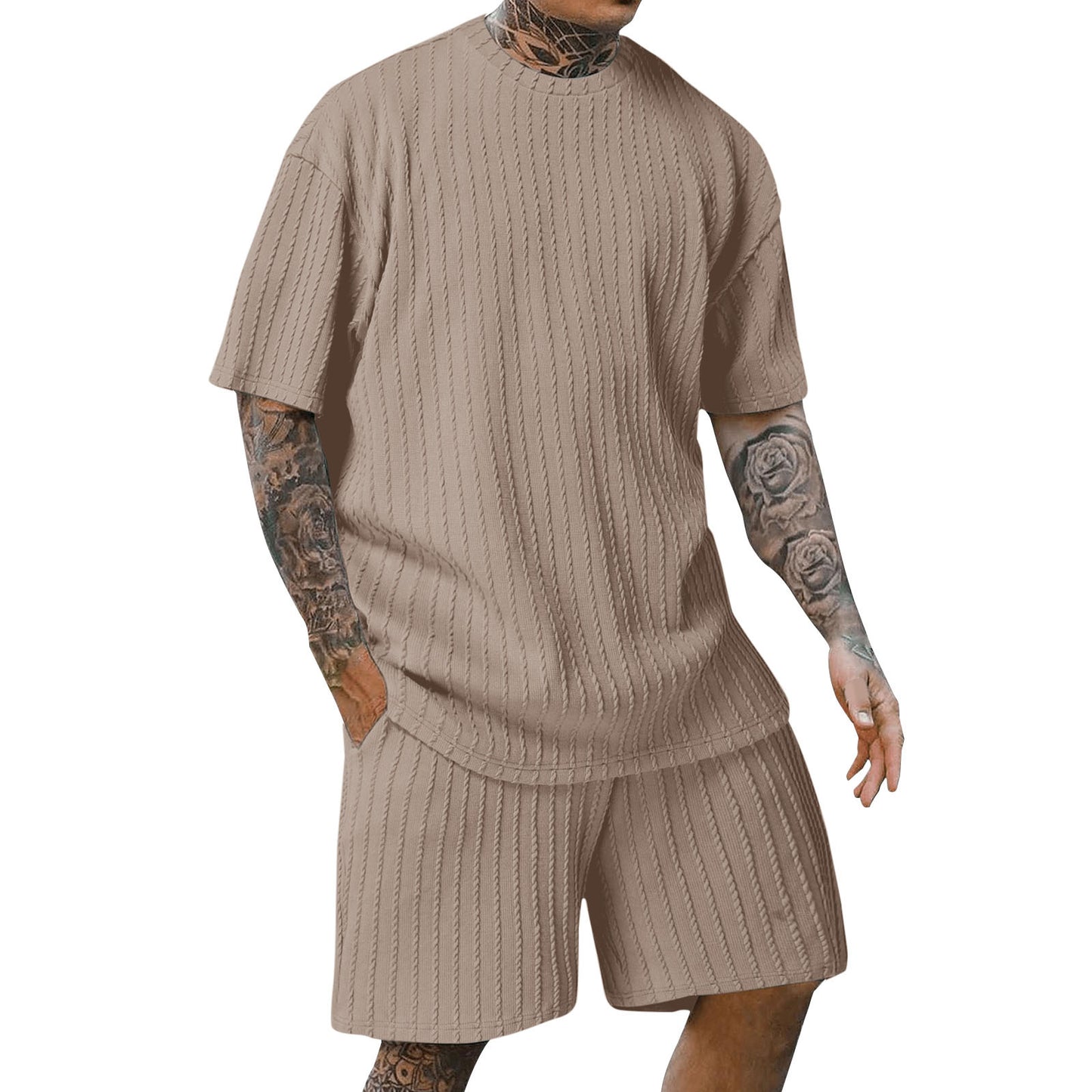 Men's Sports Round Neck Pullover Vertical Pattern Two-piece Set