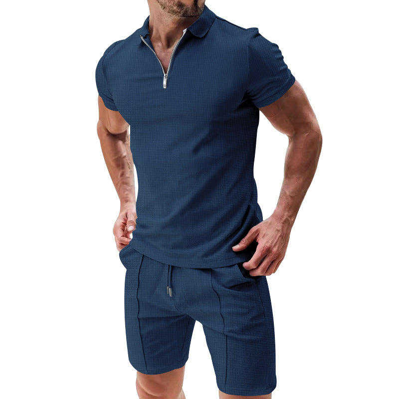 2Pcs Casual Waffle Suit Summer Zipper Lapel Short-sleeved Top And Drawstring Pockets Shorts Versatile Solid Color T-shirt Set For Mens Clothing