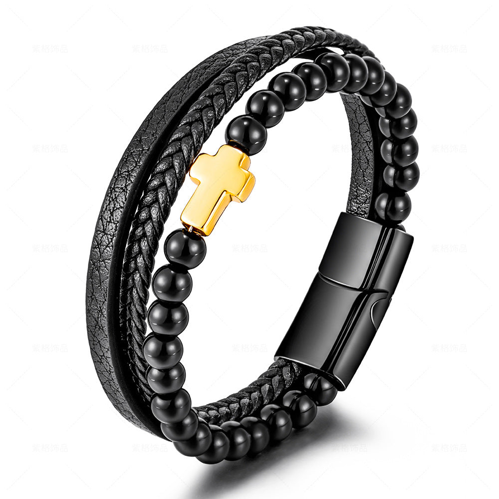 Pulsera cruzada de acero inoxidable multicapa para hombre