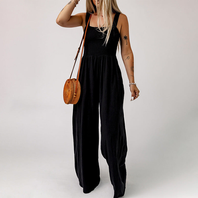 Summer Square Neck High Waist Jumpsuit Women's Backless Pleated Design Wide Leg Trousers Clothing