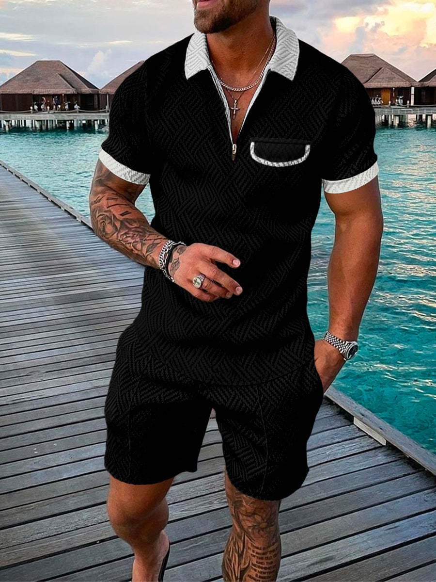 Men's Summer Fashion 3D Printed Short Sleeve Geometric Zip Lapel Shirt Set