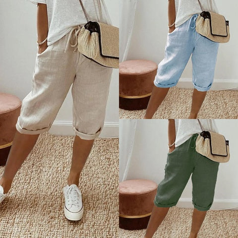 Women's Cotton And Linen Pocket Elasticated Slacks Women's Fifth Pants