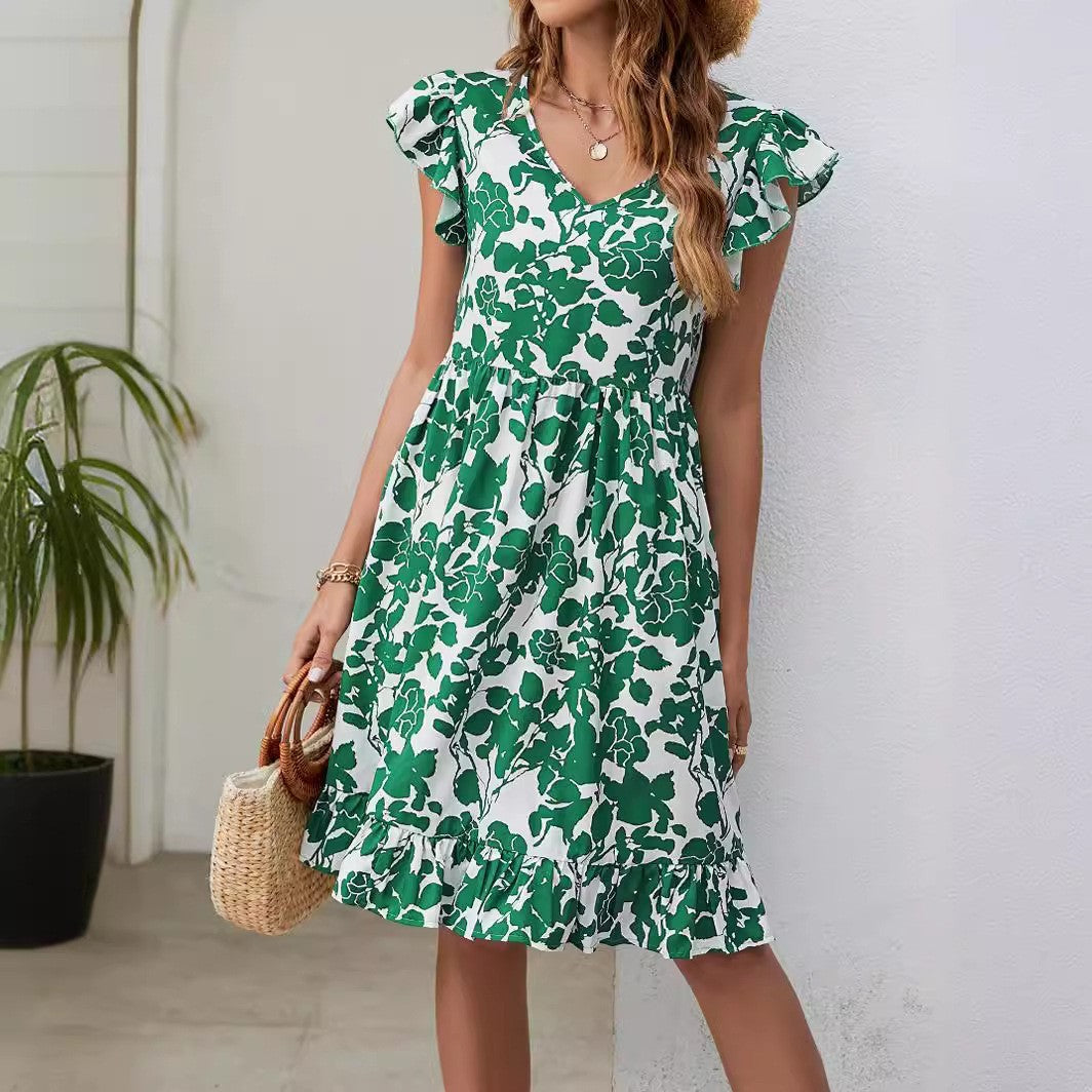 Leaf Print Dress Summer V-neck Ruffled Sleeveless A-Line Dresses Fashion Casual Holiday Beach Dress For Womens Clothing