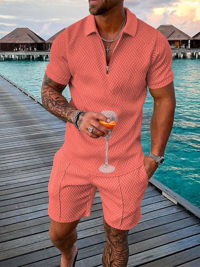 Men's Summer Fashion 3D Printed Short Sleeve Geometric Zip Lapel Shirt Set