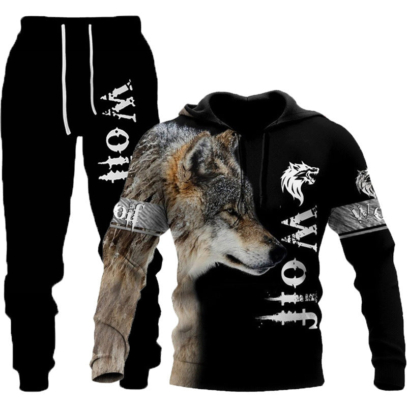 3D Wolf Print Tracksuit Men Sportswear Hooded Sweatsuit Two Piece Outdoors Running Fitness Mens Clothing Jogging Set