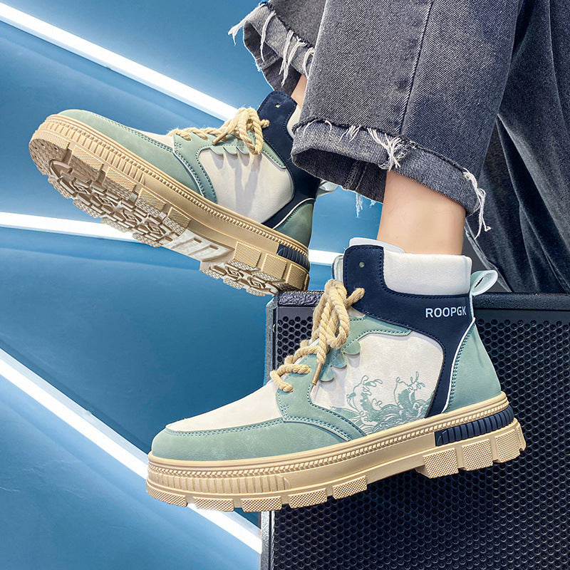 Men's Lace-up High-top Boots Product information: Color: YG-599-1 Paisley, YG-599-1 White Green, YG-599-1 beige Green Heel height: flat heel Size: 39, 40, 41, 42, 43, 44 Shoe Upper material: artificial pu Applicable Gender: Male Size: Packing list: Men's