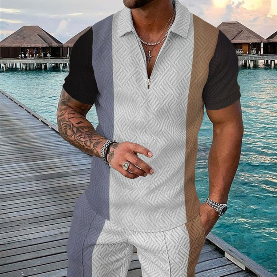 Men's Summer Fashion 3D Printed Short Sleeve Geometric Zip Lapel Shirt Set