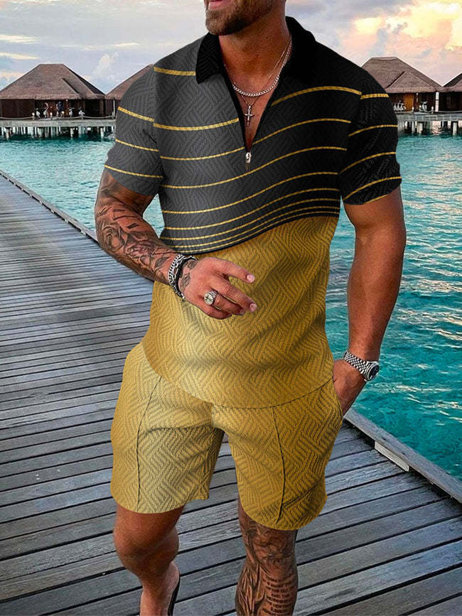 Men's Summer Fashion 3D Printed Short Sleeve Geometric Zip Lapel Shirt Set