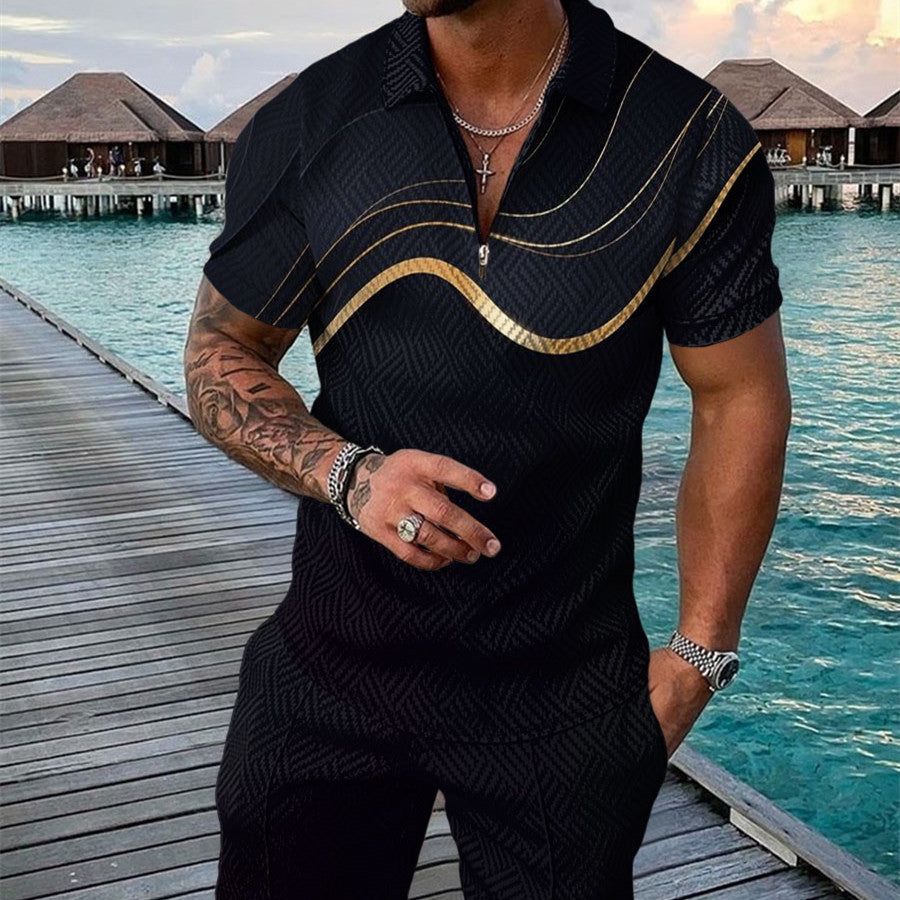 Men's Summer Fashion 3D Printed Short Sleeve Geometric Zip Lapel Shirt Set