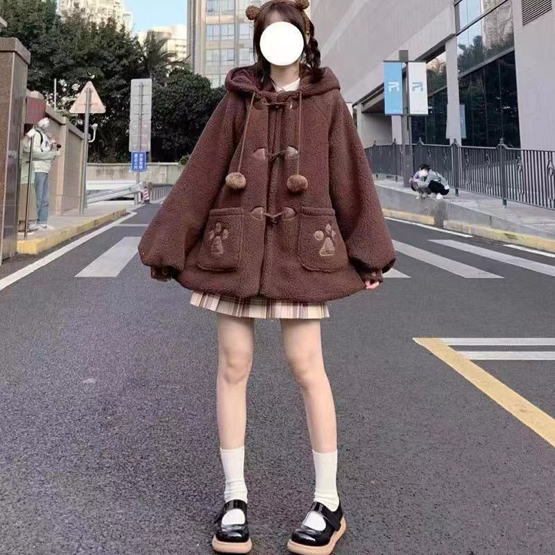 Autumn And Winter Cute Hooded Bear Ears Fleece Shirt Sweater Furry Baggy Coat Student Top