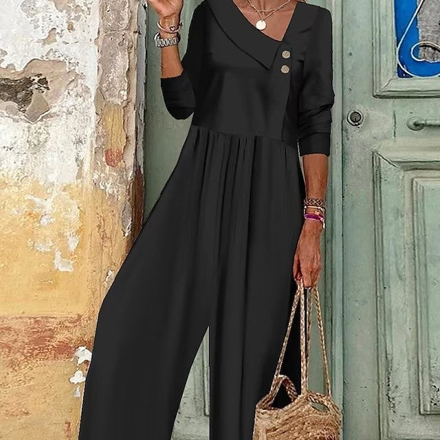 Women's Button Up Jumpsuit With Solid V-neck