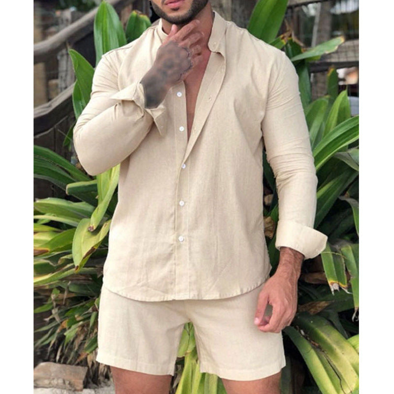 Men's Solid Color Long Sleeve Shirt Shorts Two Piece Set