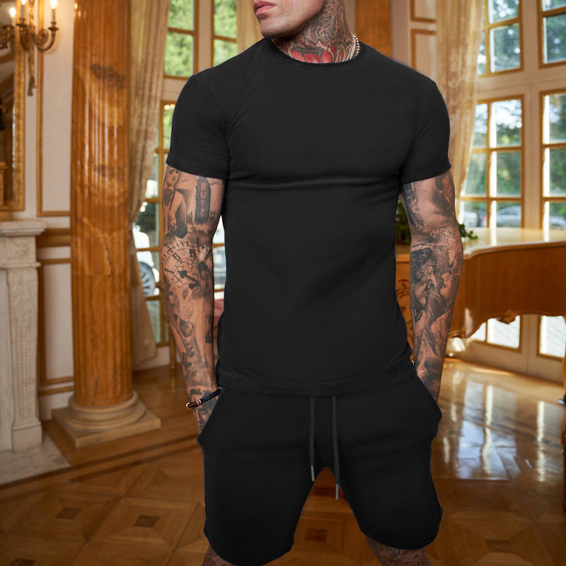 Men's Fashion Solid Color Short Sleeve Shorts Set