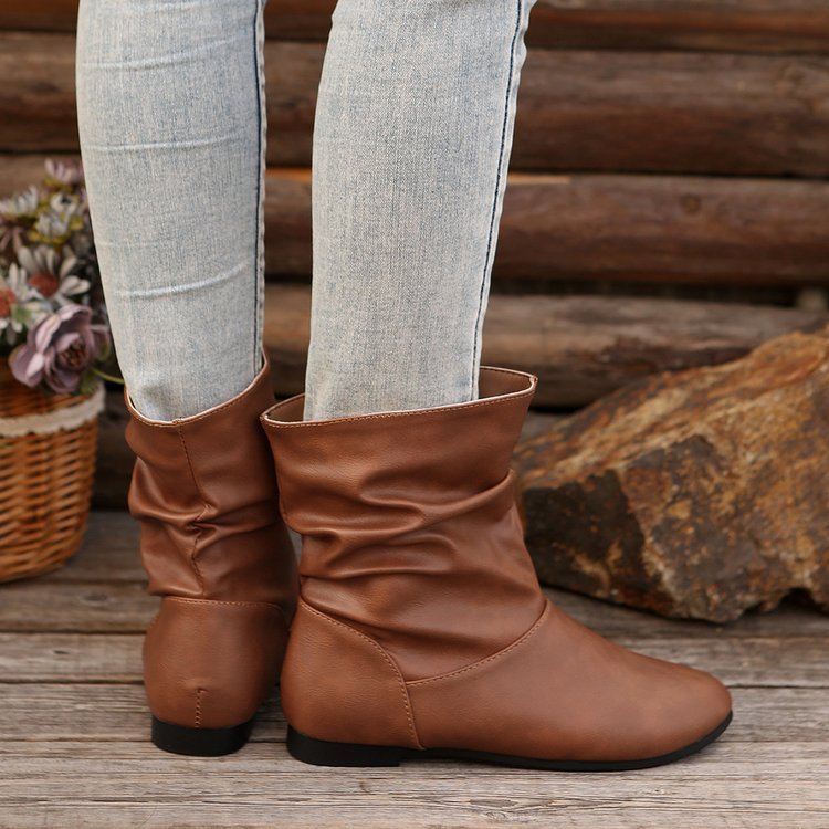 Fashion Round-toed Flat Boots Versatile Simple Slip-on Western Cowboy Boot Casual Short Shoes For Women