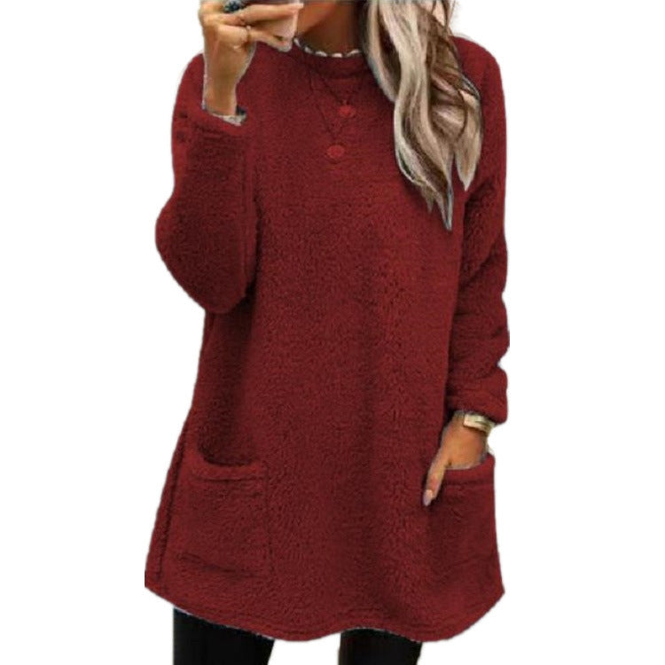 Women's Fleece Pullover Long Sweater With Pockets Winter Warm Casual Long Sleeve Plush Tops