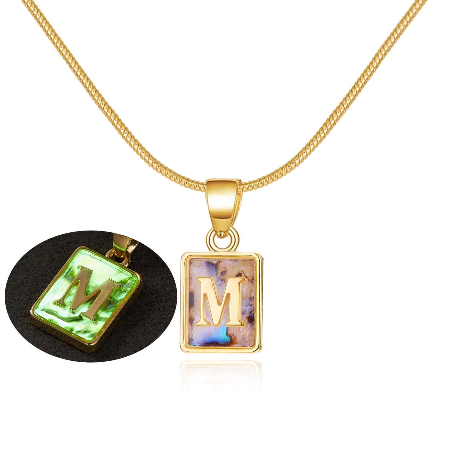 26 Letter Square Necklace Colorful Shell Luminous Pendant Chain Necklace For Women Temperament Ladies Jewelry