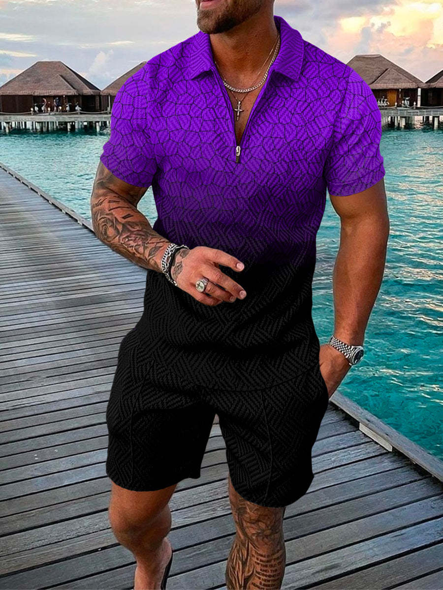 Men's Summer Fashion 3D Printed Short Sleeve Geometric Zip Lapel Shirt Set