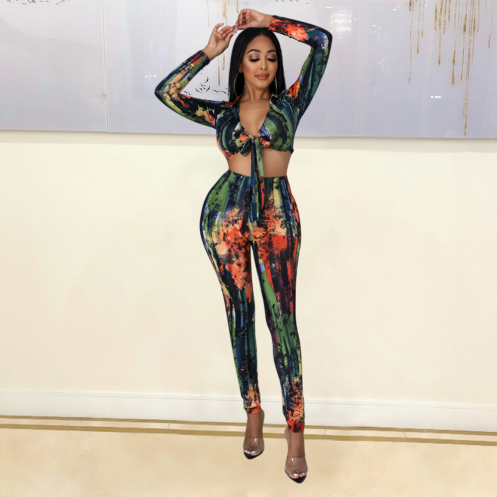 Sexy Tight-Fitting Printed Lace-Up Two-Piece Long-Sleeved Suit