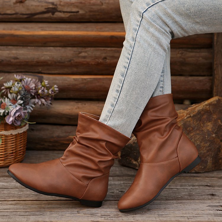 Fashion Round-toed Flat Boots Versatile Simple Slip-on Western Cowboy Boot Casual Short Shoes For Women