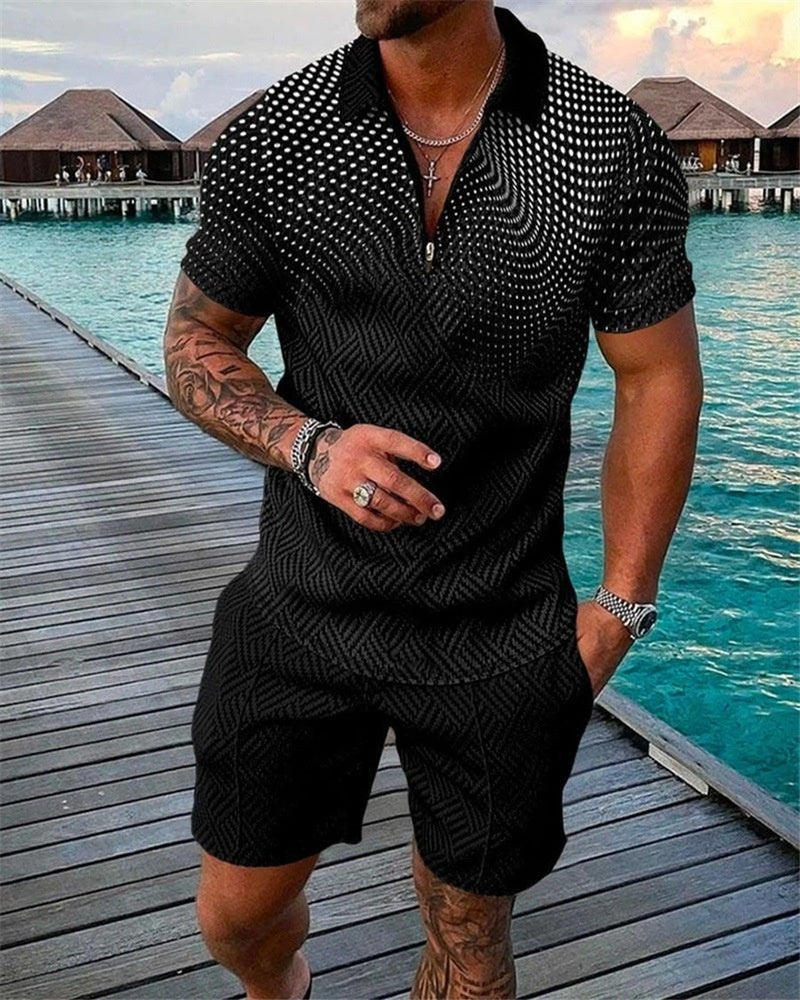 Men's Summer Fashion 3D Printed Short Sleeve Geometric Zip Lapel Shirt Set