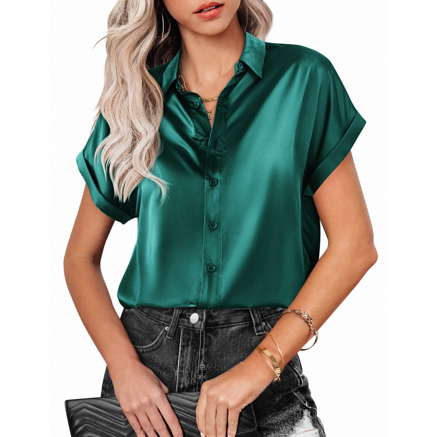 Lapel Button Short Sleeve Shirt Summer Casual Loose Solid Color Beach Top For Womens Clothing