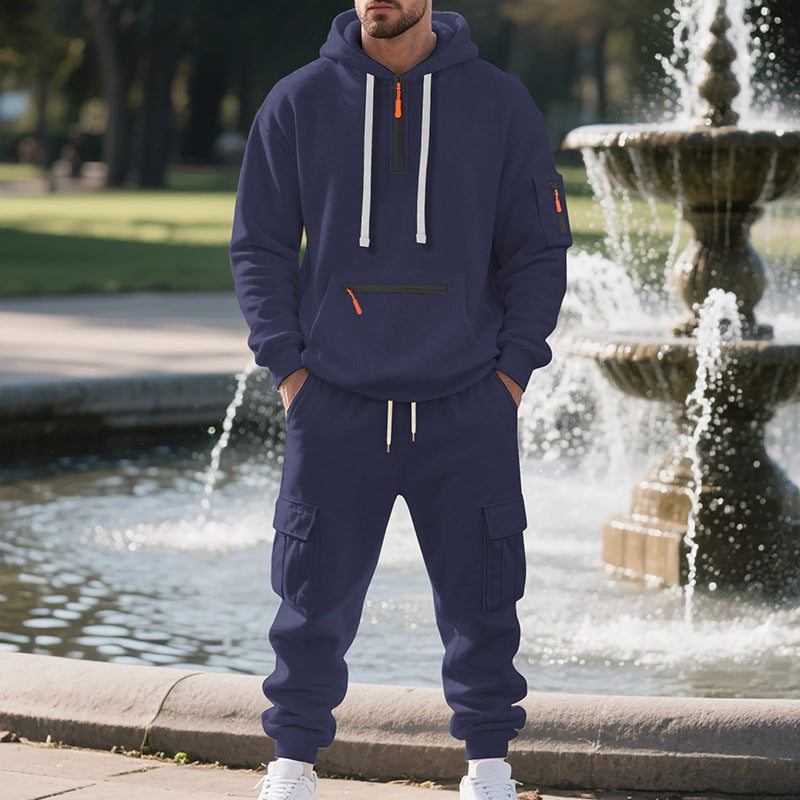 Men's Loose Sports And Leisure Suit Sweater Fleece-lined Hoodie Set Zipper Multi-Pocket Pullover Men's Sports Casual Top Two-piece Set