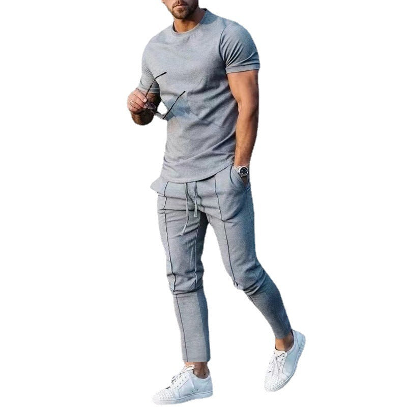 Solid Color Casual Round Neck Short Sleeves T-shirt Trousers Two-piece Set