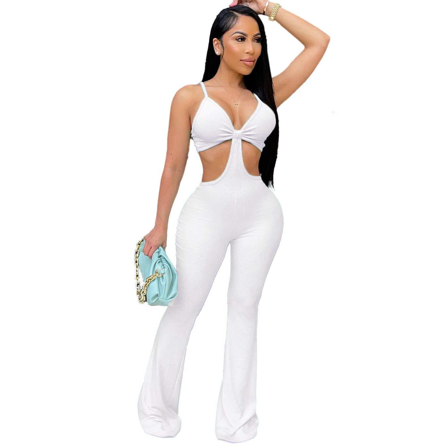 Eye Mesh Jumpsuit Stretch Slim Bell-bottom Pants One-piece