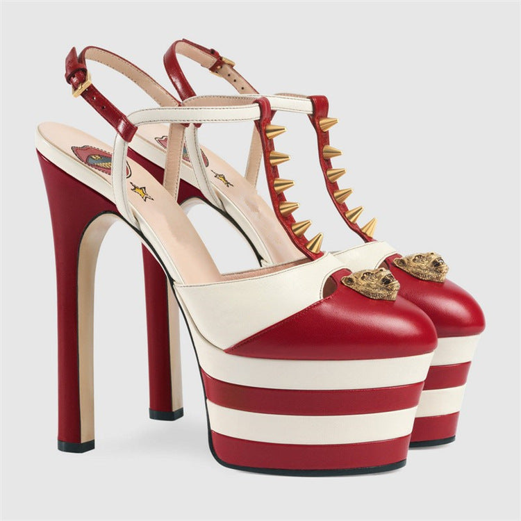 Women's Fashion Simple Fine High Heel Riveted Sandals Product information: Size:33,34,35,36,37,38,39,40,41,42,43 Upper material: microfiber Toe shape: round toe Sole material: composite Lining material: imitation leather Wearing style: buckle Size Informa