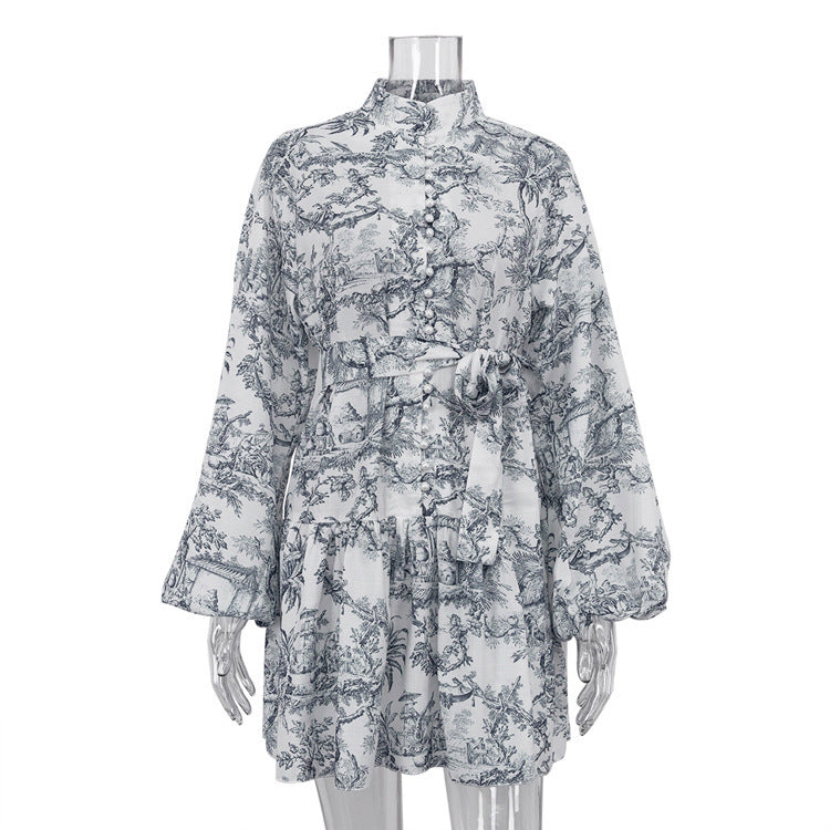 Ink Print Long Sleeve Short Dress With Fashion Puffy Sleeve Lapel Tie A-Line Dress Clothing