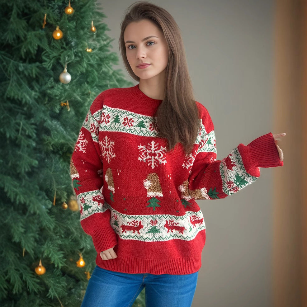 Christmas Stitching Jacquard Casual Knitted Round Neck Sweater