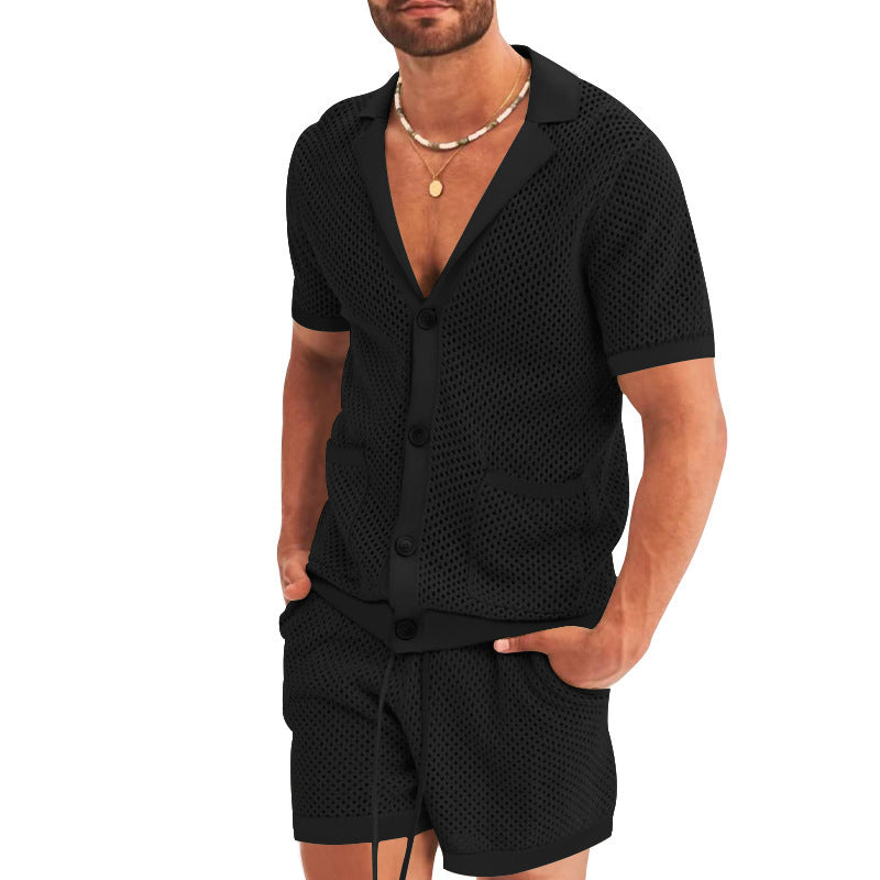 Men's Fashion Casual Hollow Short-sleeved Shorts Set