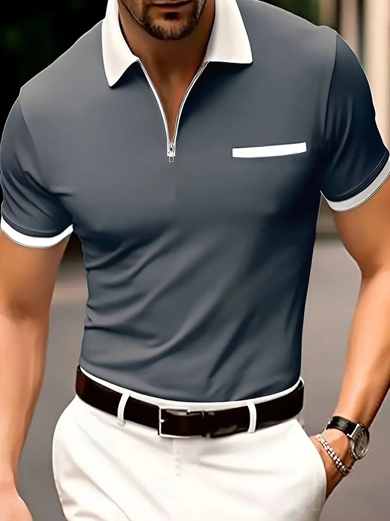 European And American Men's 3D Printed Zipper Short Sleeve Solid Color POLO Top T-shirt