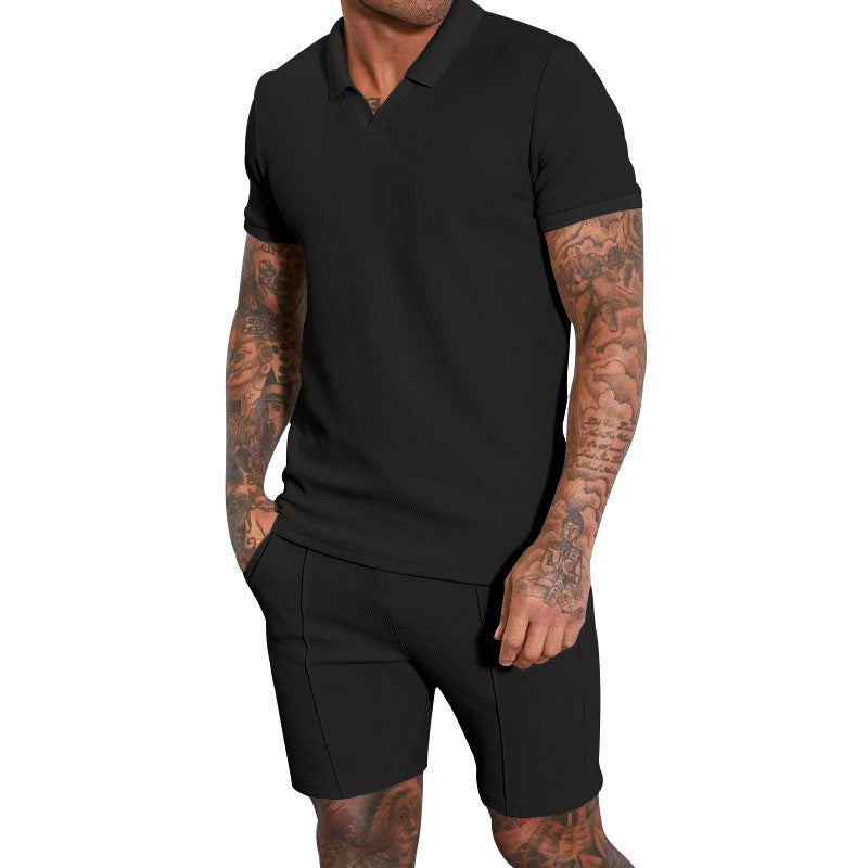 Men's Fashion Waffle V-neck Short-sleeved Shorts Two-piece Set