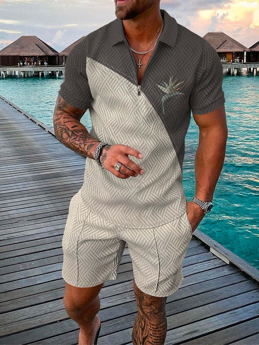 Men's Summer Fashion 3D Printed Short Sleeve Geometric Zip Lapel Shirt Set