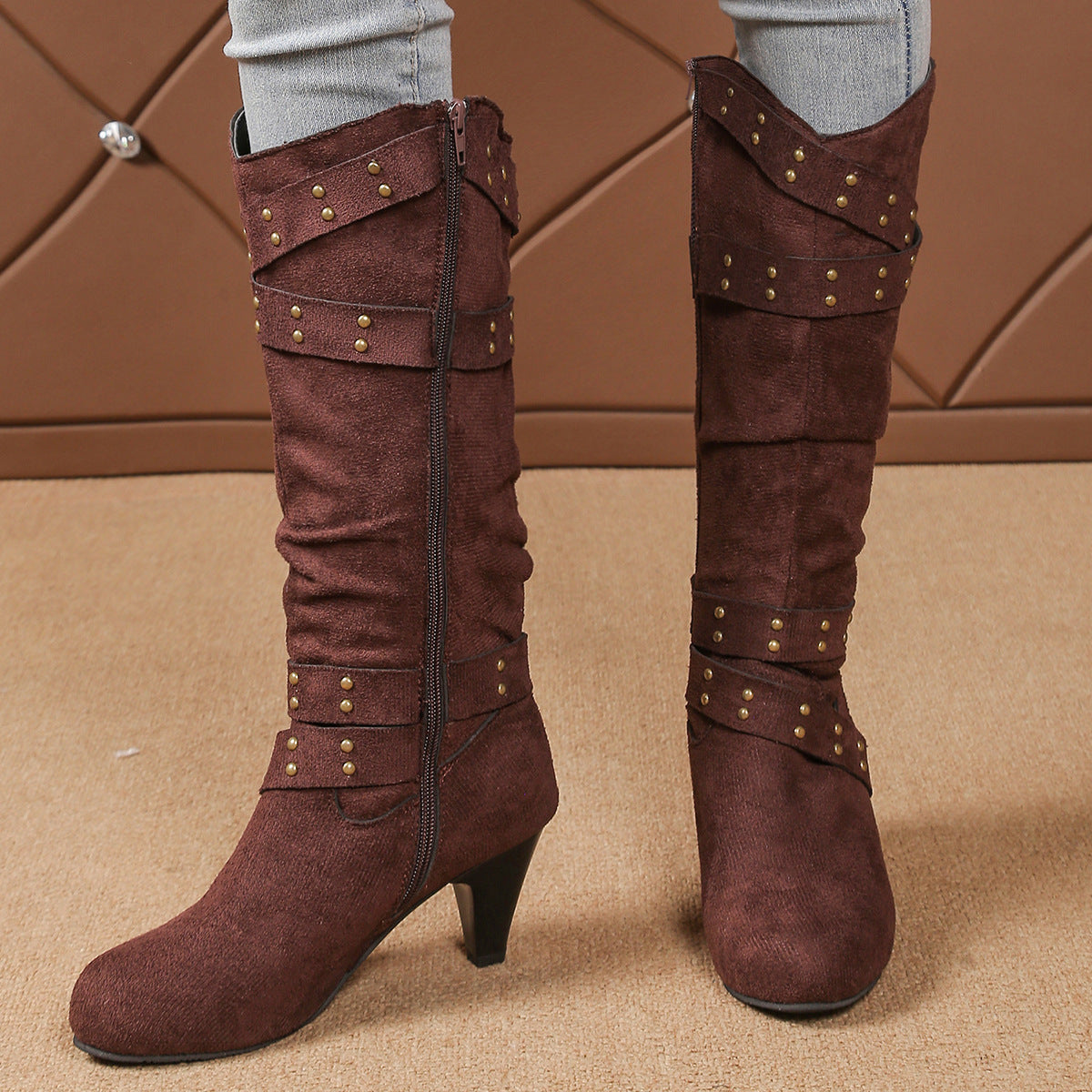 Fashion High Heel Boots With Cross-strap Rivet Design Retro V-cut Western Cowboy Boot Casual Zipper Shoes For Women