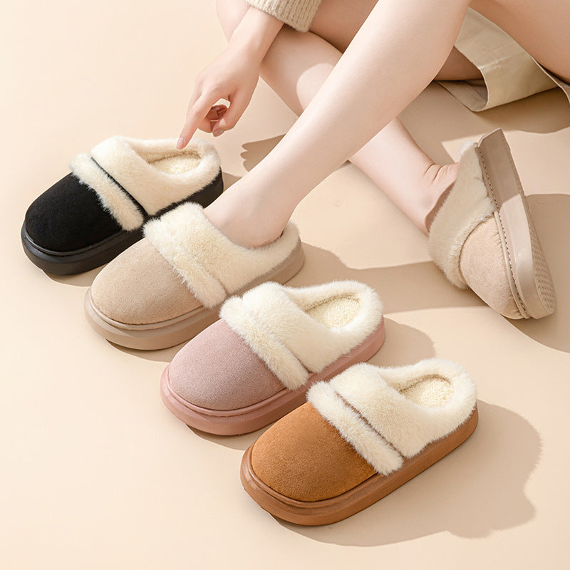 Fashion Warm Cotton Slippers For Women Leisure Thick Bottom Non-slip Plus-velvet House Shoes Winter Bedroom Floor Suede Slipper