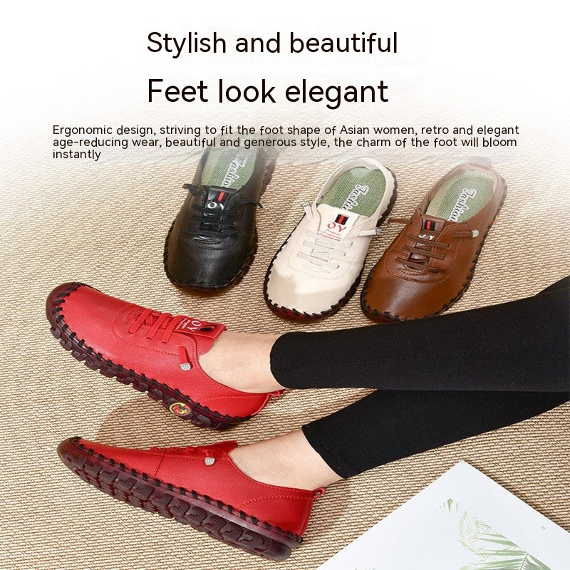 Handmade Stitching PU Leather Mom Shoes Casual Shoes Wear-resistant Flat Pumps