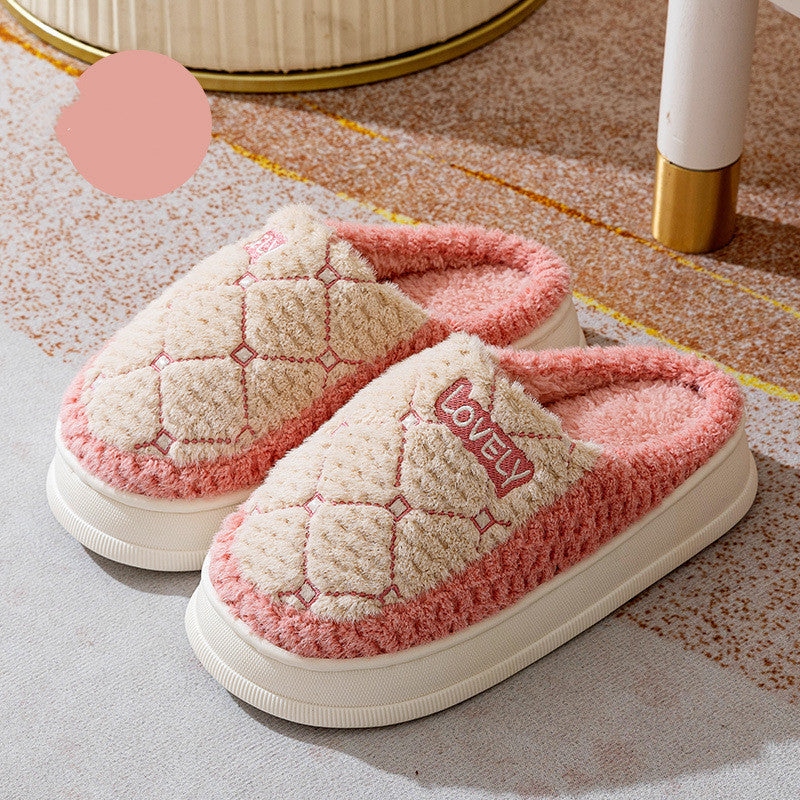 Thick-soled Non-slip Fluffy Slippers With Rhombus Pattern Design Couple Men's Cotton Shoes Indoor Floor Plaid Plush House Slippers Woman