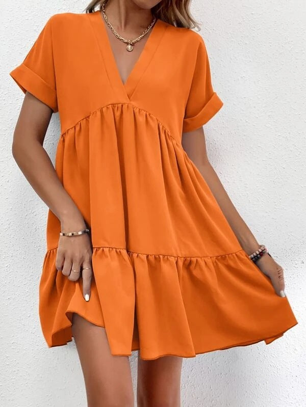 New Short-sleeved V-neck Dress Summer Casual Sweet Ruffled Dresses Solid Color Holiday Beach Dress For Womens Clothing