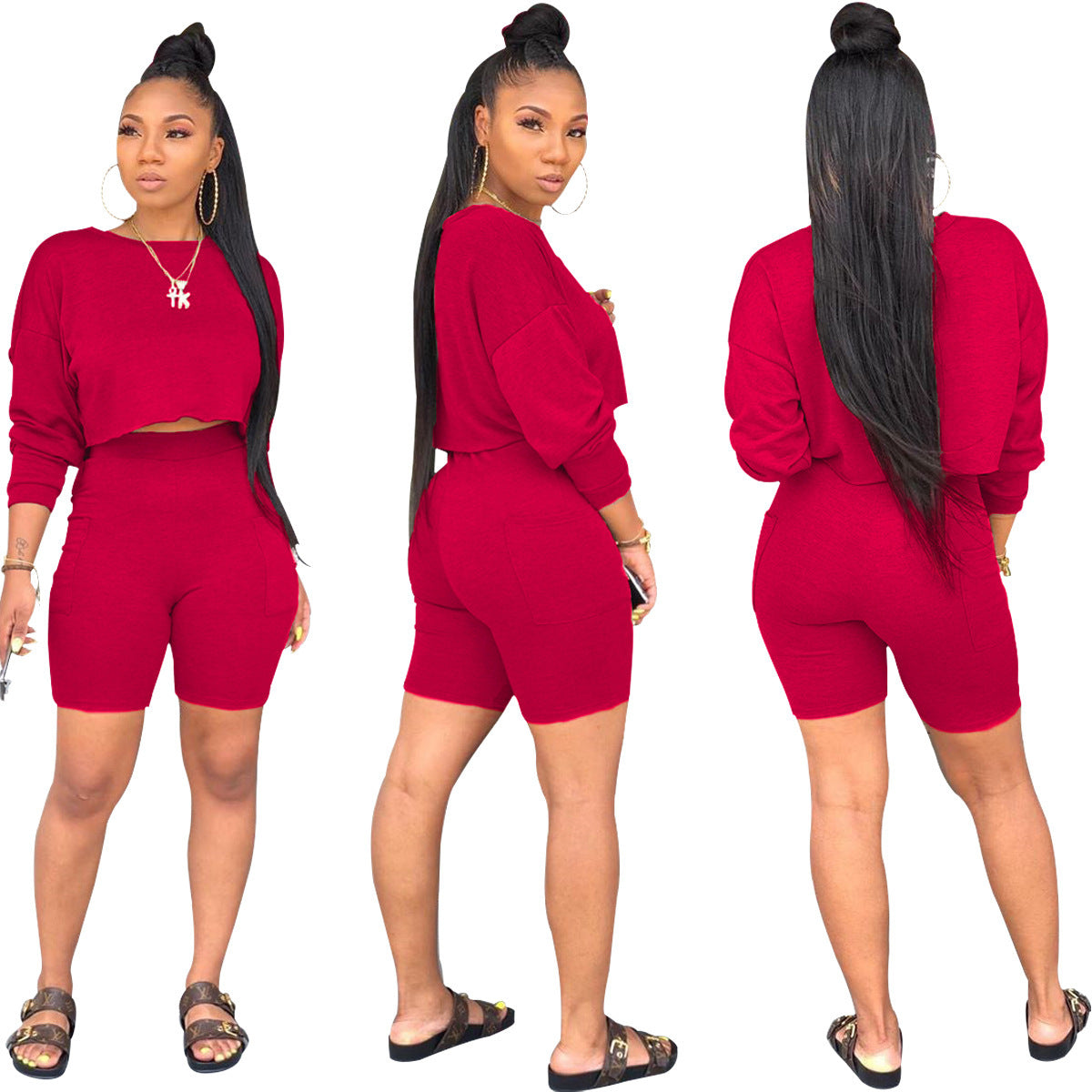 Ladies Fashion Round Neck Long Sleeve Sweatshirt Shorts Set Two Piece Set